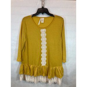Women's Mustard Large Lace Accent Fashion Top - Stylish & Versatile Shirt for Ca